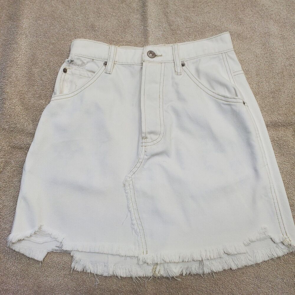 We The Free People Mini Skirt Button Fly Distressed Denim White Women's Sz 24